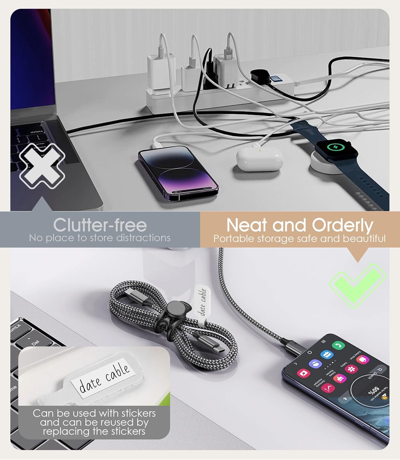 32Pcs Nearockle Cable Labels and Silicone Cable Ties Cable Management Set, Reusable 16 Cable Ties+16 Cord Labels for Electronics, Travel Home Office Desk Wire Organization (Black)