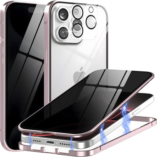 Privacy Magnetic Case for iPhone 16 with Metal Titanium Frame Privacy Screen Protector & Camera Lens Protector, Magnetic Adsorption Double Sided Tempered Glass Case Anti Peep Anti Spy Phone Cover