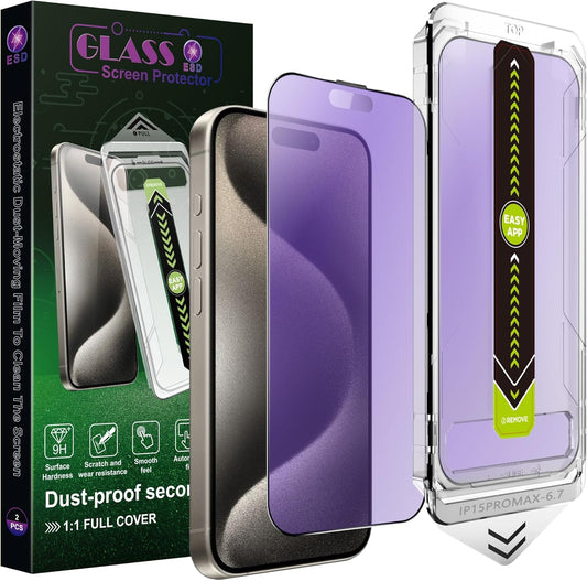 (2-Pack Anti Blue Light Matte Screen Protector for iPhone 15 Pro Max (6.7-Inch),9H Tempered Glass,Anti-Glare,Full Coverage,Anti-Fingerprint,Auto Dust Removal,Bubble-Free