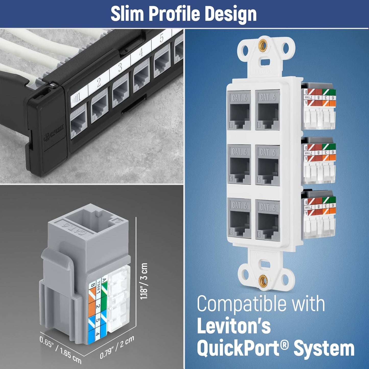 Everest 90° Angled RJ45 Cat6A Keystone Jacks 20-Pack in Gray - Slim Profile Female RJ45 Connectors - Cat 6A Keystone Jack - Compatible with 90° Angled Speed Termination Tool - easyJACK (B094WB91H3)