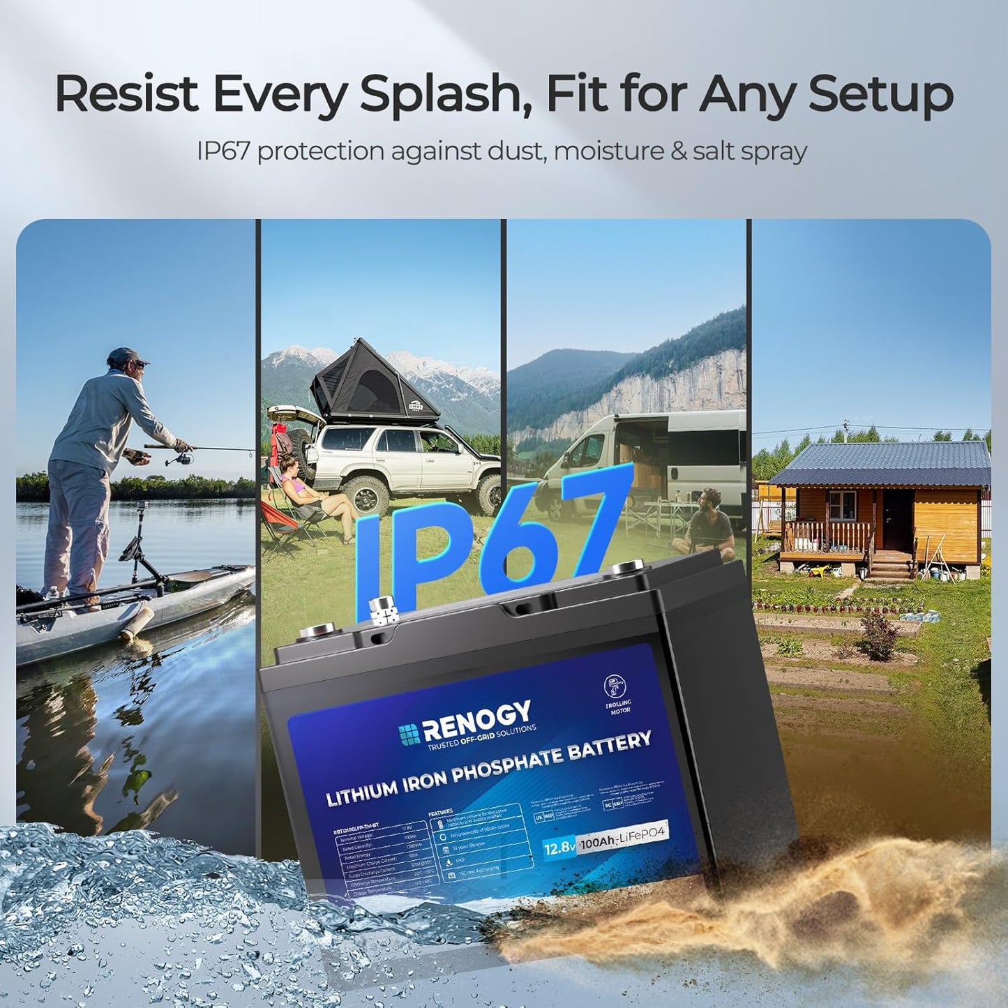 Renogy 12V 100Ah Trolling Motor LiFePO4 Lithium Battery, Bluetooth & 100A BMS, IP67 Waterproof, Group 24 Deep Cycle Battery for Marine, Boat, RV, Off-Grid Backup