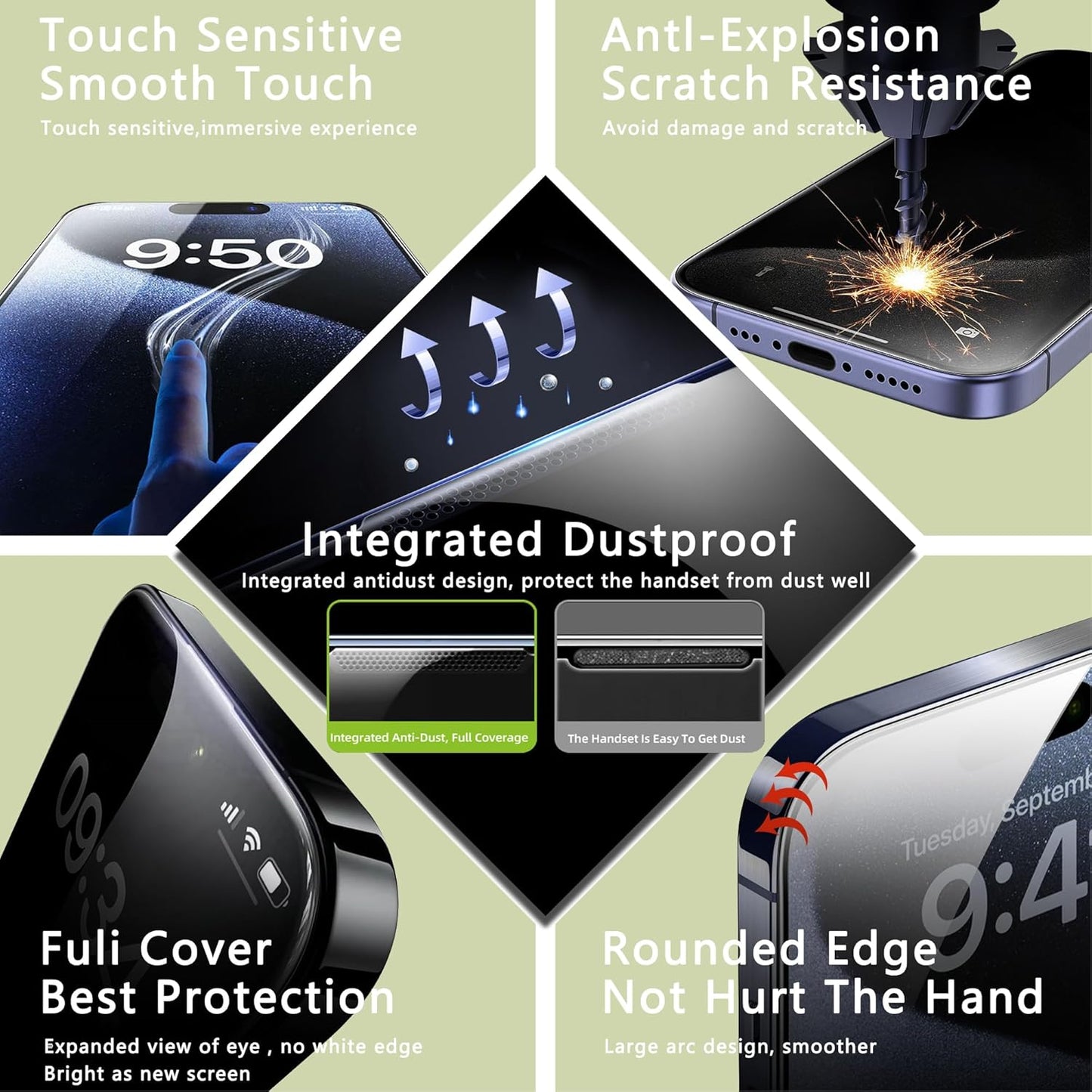 (2-Pack Anti-Spy Privacy Screen Protector for iPhone 16 Pro Max(6.9-Inch),9H Tempered Glass,Full Coverage,Anti-Fingerprint,Auto Dust Removal,Bubble-Free,Easy Installation