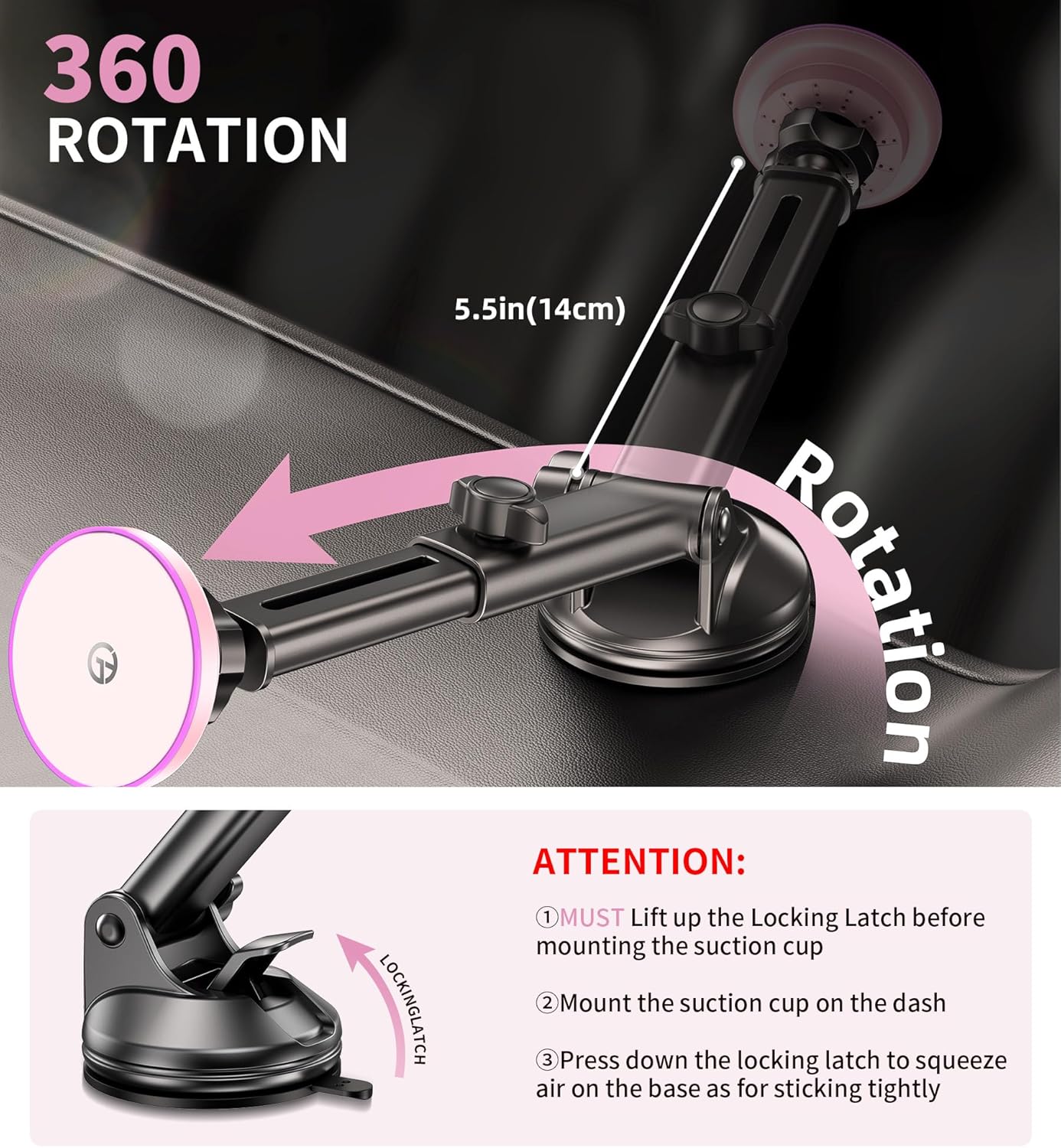 for MagSafe Car Mount Charger Dash/Windshield/Vent Wireless Car Charger with [LED Light], Strong Magnetic Phone Holder for Car for iPhone 16 15 14 13 12 Series, Fit MagSafe Accessories (Pink)