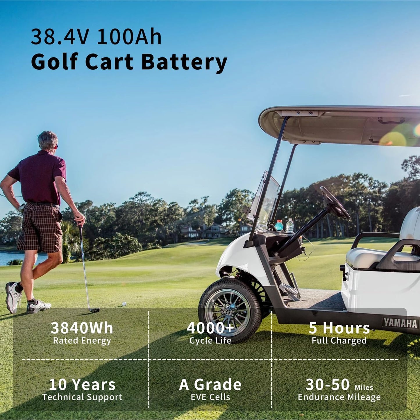 OKMO 36V 100AH Golf Cart Lifepo4 Lithium Battery with 43.8V 22A Charger, Built in 250A Bluetooth BMS, Peak Current 500A(3-5s), Perfect for Golf Cart