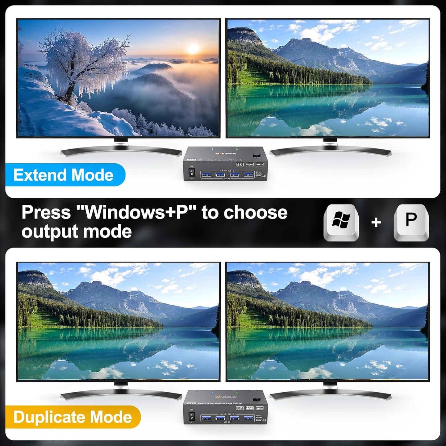 KVM Switch 2 Monitors 2 Computers 8K@60Hz/4K@144Hz, HDMI Displayport KVM Switches for 2 PC Sharing Dual Monitor and Keyboard Mouse with Power Adapter, Wired Extend Controller and USB3.0 Cables