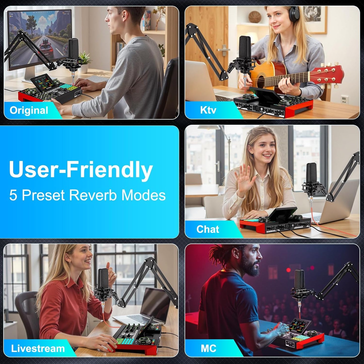 Podcast Equipment Bundle with 3.5mm Condenser Microphone for Pc/Phone Live Streaming Singing Gaming, Podcast Microphone Bundle with Live Sound Card Audio Mixer,Voice Changer, Denoise,DJ Sets