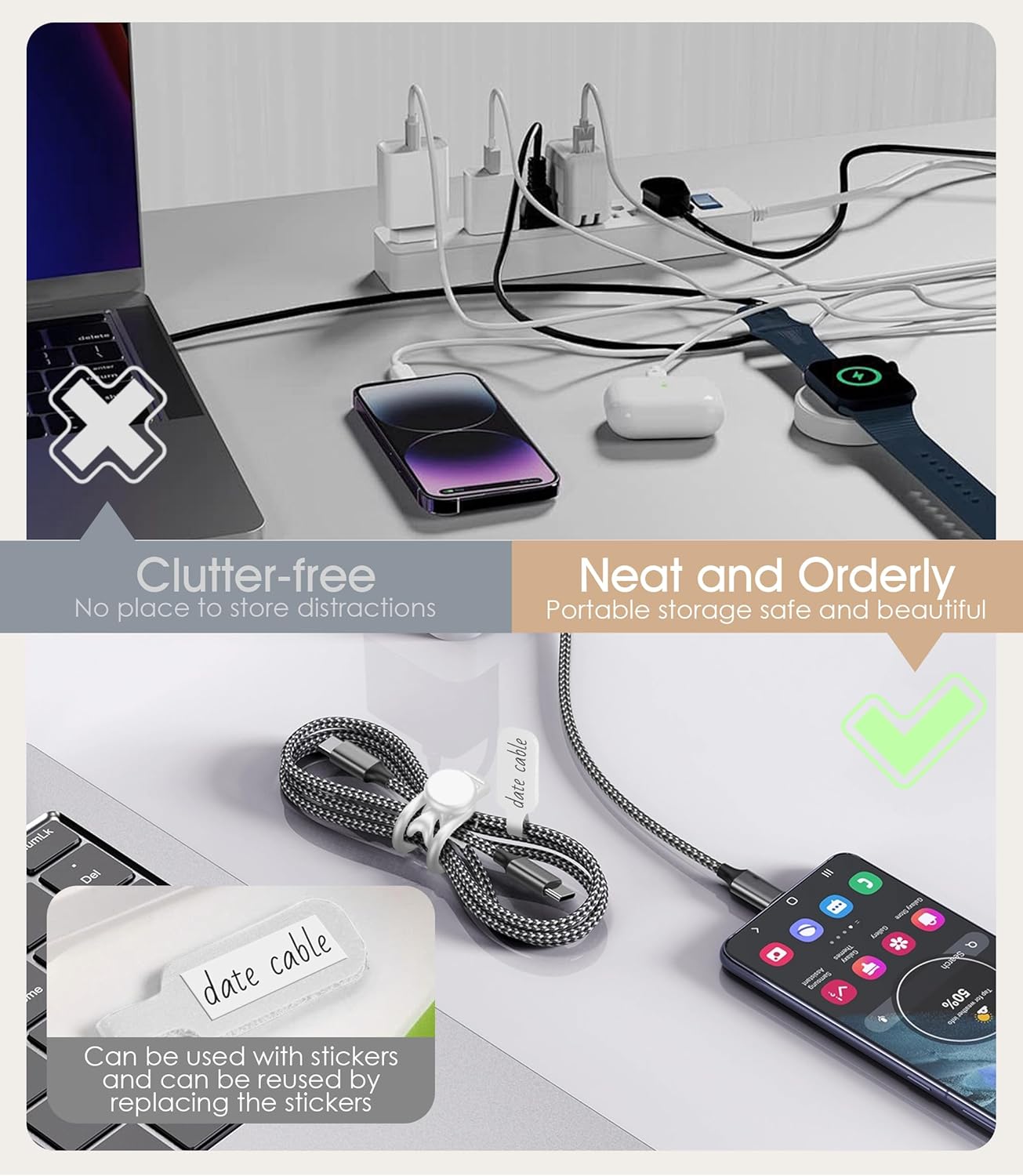 32Pcs Nearockle Cable Labels and Silicone Cable Ties Cable Management Set, Reusable 16 Cable Ties+16 Cord Labels for Electronics, Travel Home Office Desk Wire Organization (White)