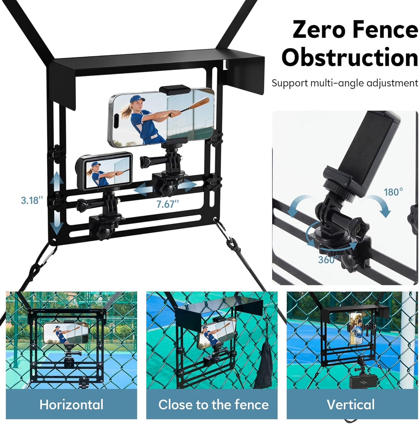 Cell Phone Fence Mount with Shade, Fence Phone Holder Mounting Kit for iPhone, GoPro, Mevo Start, Insta360 and Other Action Cameras, Streaming Kit for Recording Baseball, Softball and Tennis