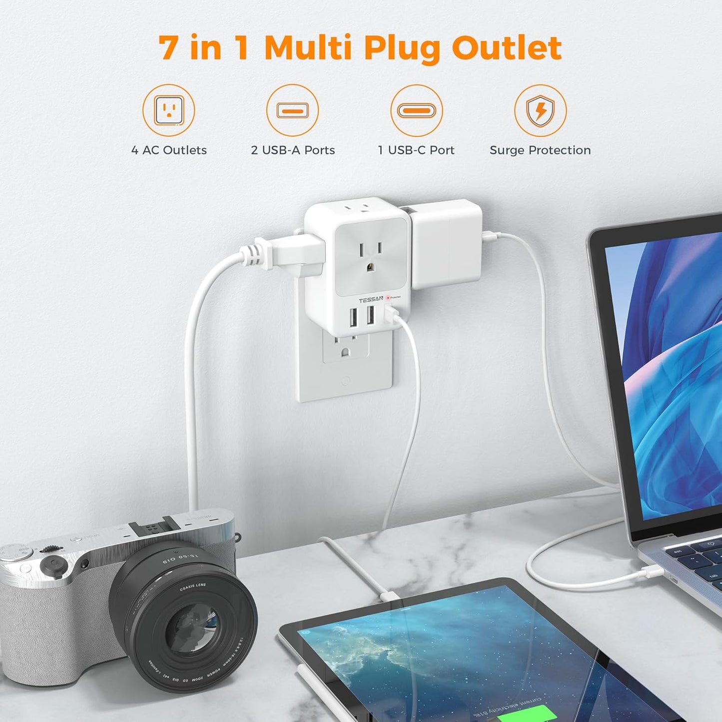 Surge Protector Wall Outlet Extender, TESSAN Multi Plug Outlet Splitter with 3 USB Charging Blocks(1 USB C), Multi Plug Wall Charger for Home, Office, School, College Dorm Essentials