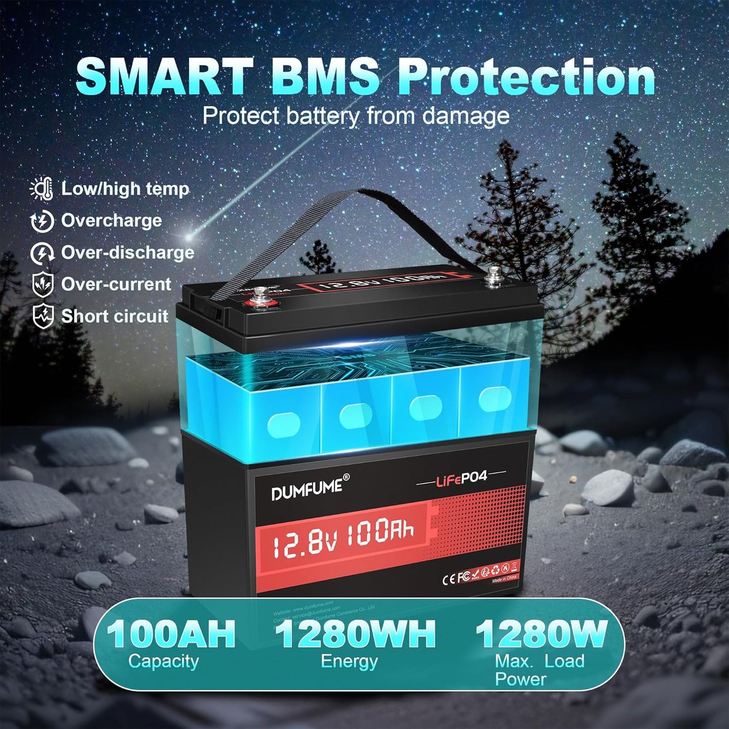 12V 100Ah LiFePO4 Lithium Battery Built-in 100A BMS, Group 31 Rechargeable Battery 6000+ Cycles 1280Wh Perfect for RVs MotorHomes, Camper, Marine, Solar System, Boats, and Off-Grid