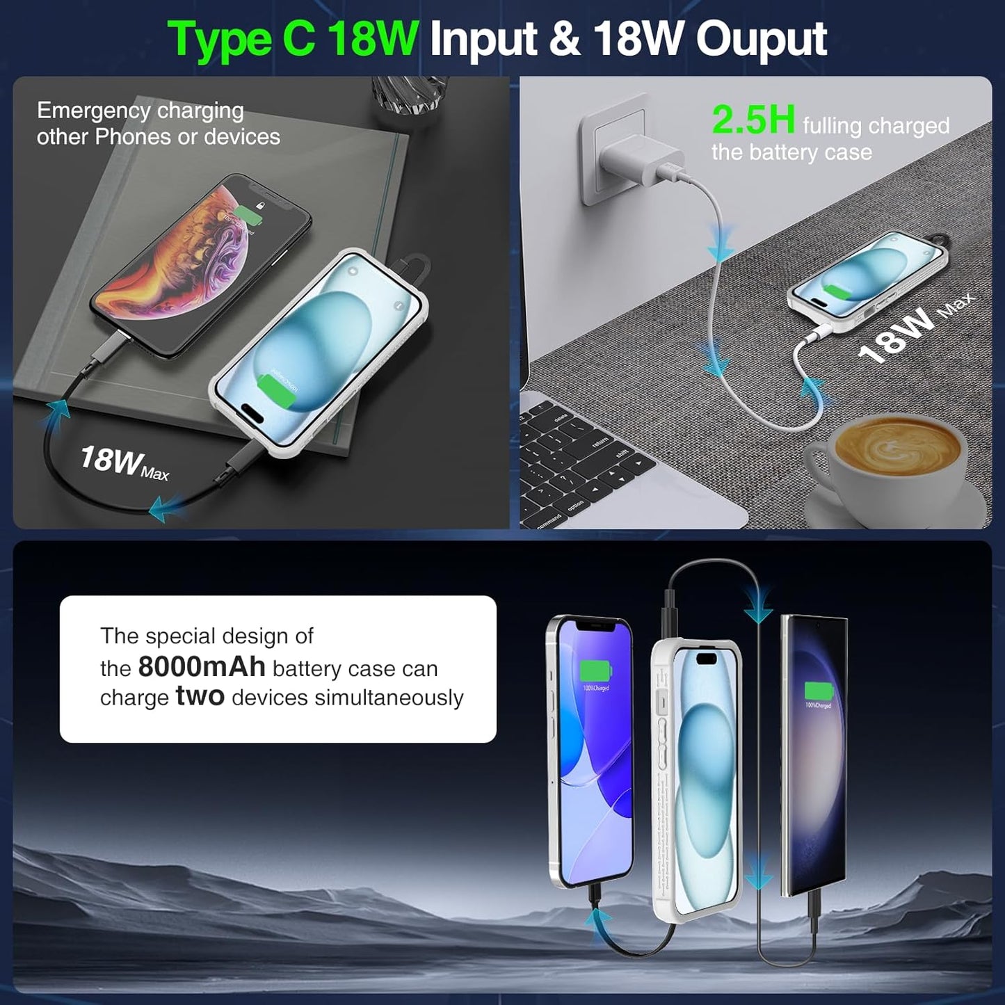 GIN FOXI Fast Charging Battery Case for iPhone 15 Pro Max/15 Plus, 8000mAh 15W Ultra Slim Charger Case Rechargeable Portable Extended Power Bank Case Cover Battery Pack Built-in Cable, Grey(6.7”)