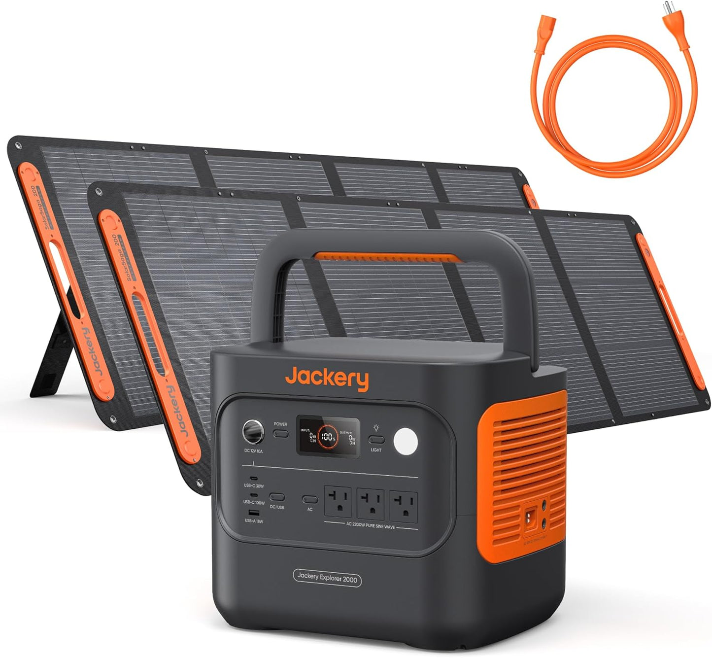 Jackery Explorer 2000 v2 Portable Power Station with 2x200W Solar Panels and AC Charging Cable, 2040Wh LFP Home Backup Battery, 2200W AC Output, Solar Generator for Power Outages, Emergencies, Camping