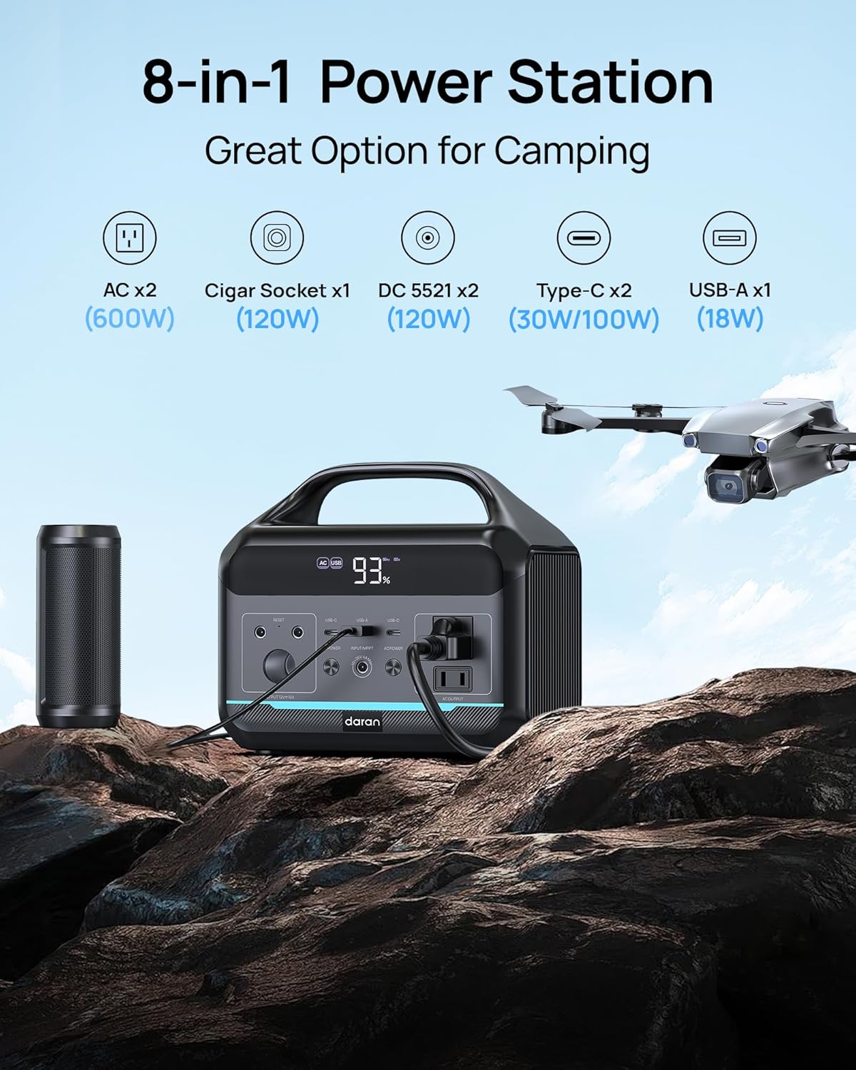 DARAN Portable Power Station 600W(1200W Surge) - 288Wh(90,000mAh) Solar Generator LiFePO4 Battery with AC DC Outlets, 8.3LB Portable Charging Station for Camping, RV, Home, Emergency (Solar Optional)