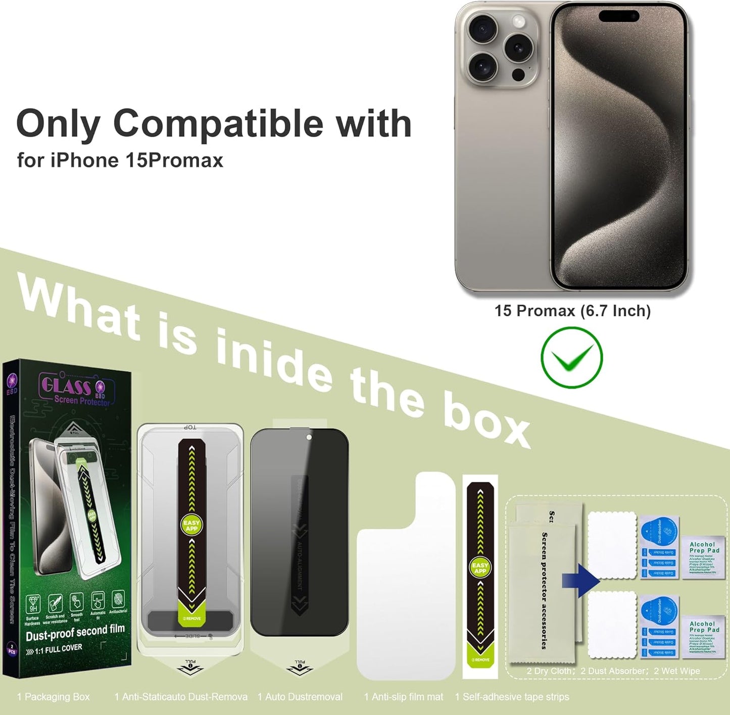 (2-Pack Anti-Spy Privacy Screen Protector for iPhone 15 Pro Max(6.7-Inch),9H Tempered Glass,Full Coverage,Anti-Fingerprint,Auto Dust Removal,Bubble-Free,Easy Installation