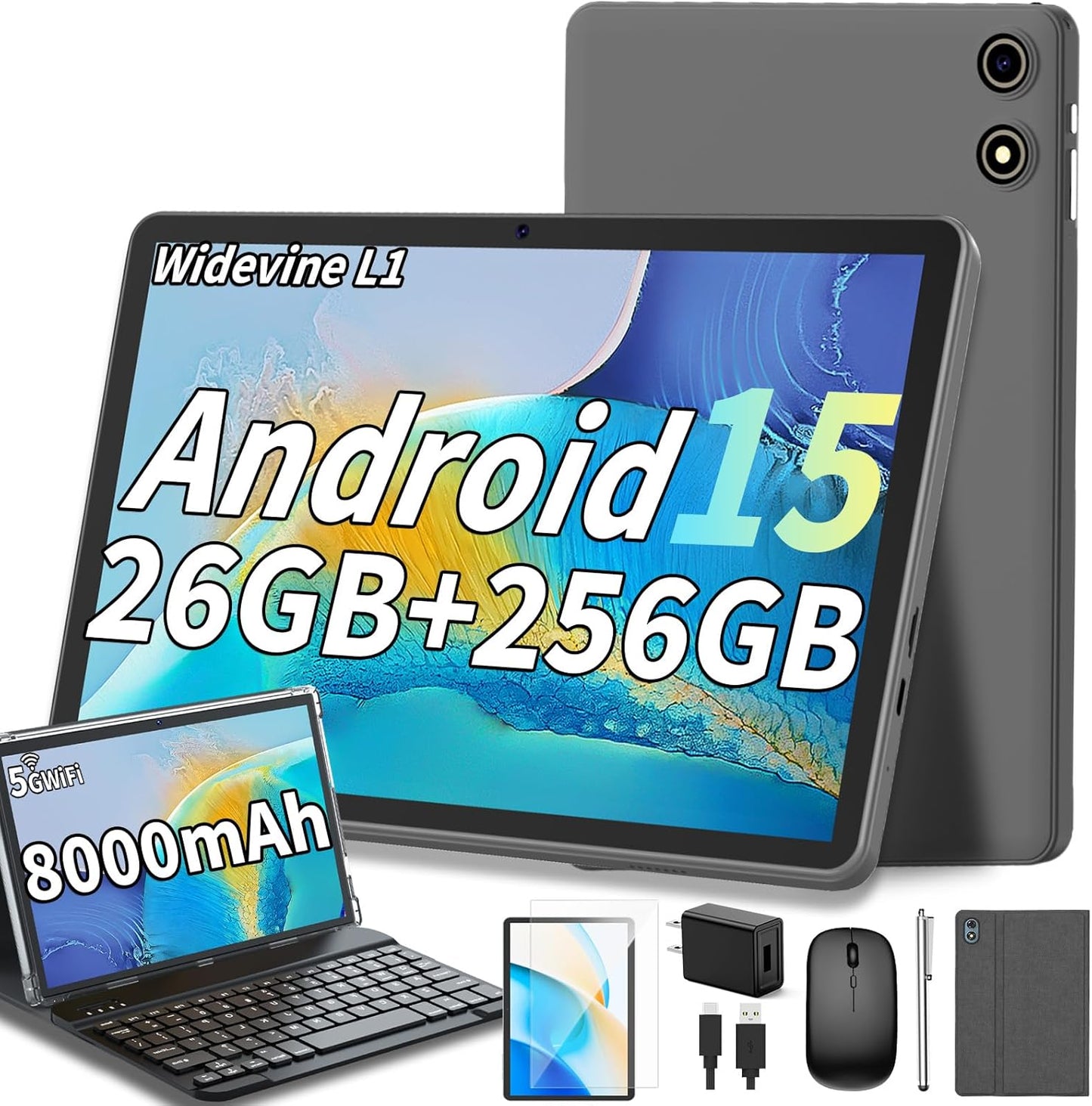 Android 15 Tablet, 26GB + 256GB (2TB Expandable), 10.1-inch Tablet with Keyboard, 8000 mAh Battery, BT 5.0, 5G WiFi, Widevine L1, 2-in-1 Tab with Mouse, Protective Case，Stylus（Silver）