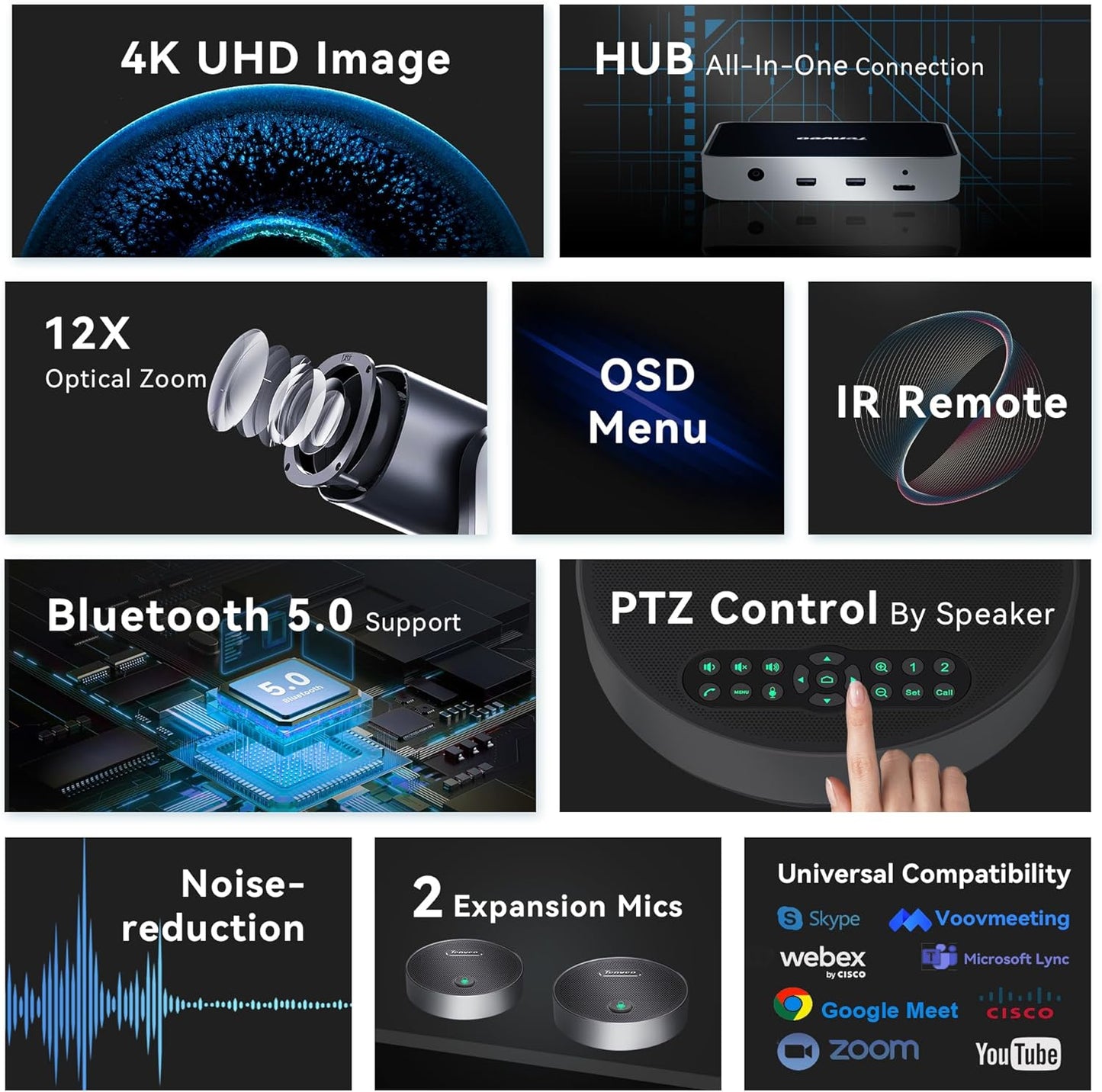 Tenveo 4K PTZ Conference Room Camera System Audio and Video Conferencing 12X Optical Zoom HDMI PTZ Camera and Bluetooth Speakerphone with 2 Expansion Mics Bundle Wide Angle for Large Remote Meetings