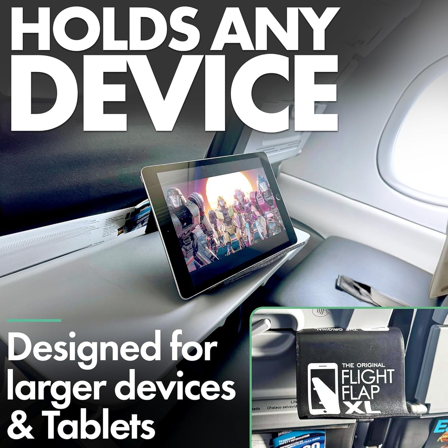 Airplane Tablet Holder, Extra Large 12x7” Flexible Cell Phone and Tablet Holder, Folding Cellphone Stand for Desk, Kindle, Bed, Long Flight Travel Accessories, Plane Essentials (Black)