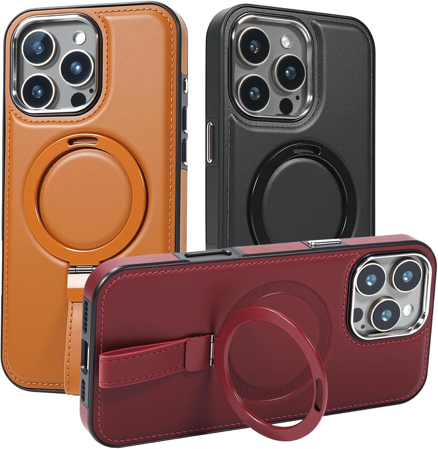 Leather Case, Suitable for iPhone 16 Case, Invisible Magnetic Design, Equipped with a Lanyard and Foldable Stand, Black, Yellow and red (Yellow, iPhone 16)