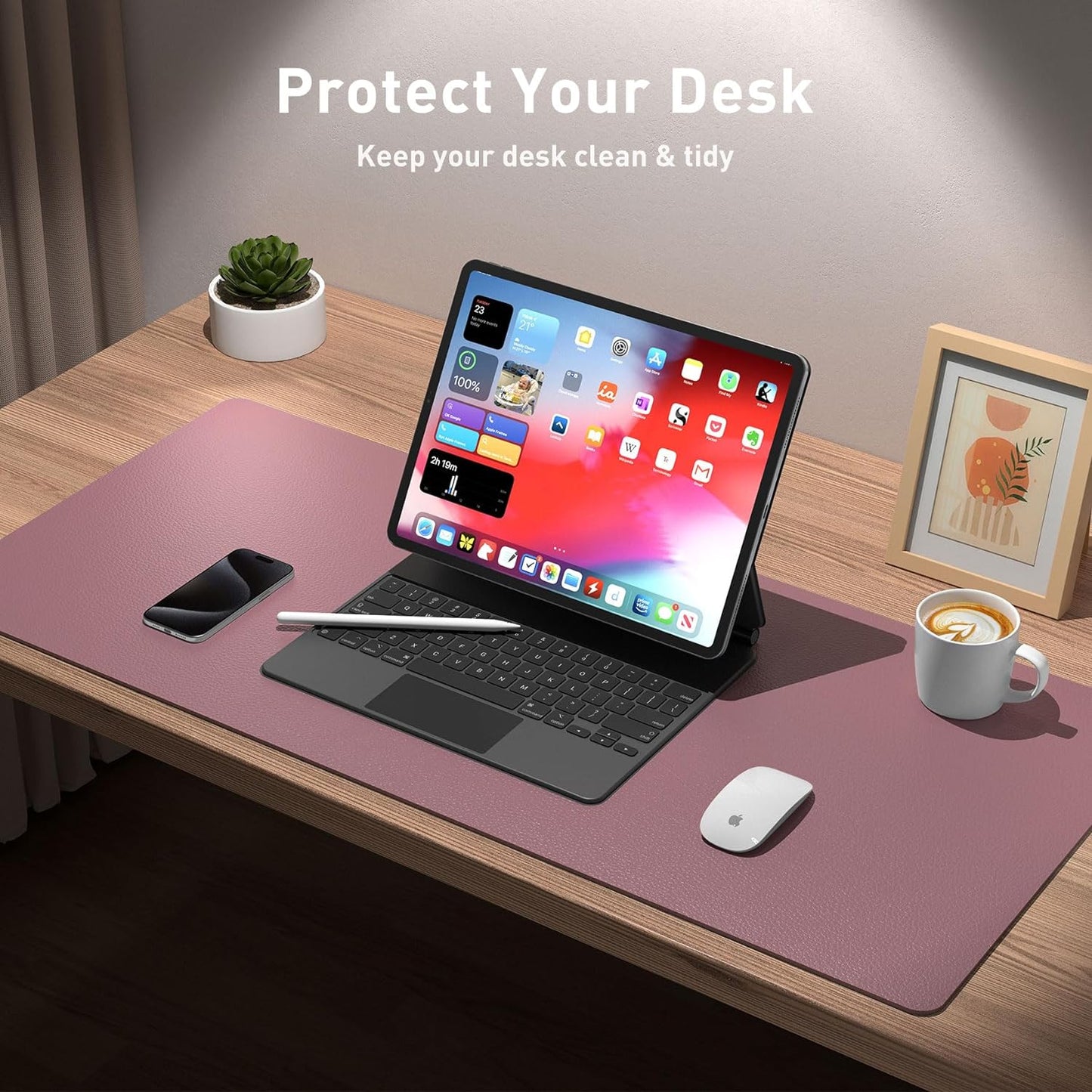 Aothia Leather Office Desk Mouse Pad Protector, Non-Slip PU Leather Laptop Desk Blotter/Mat, Waterproof Writing Pad for Office and Home, Dark Pink, 23.6" x 13.7"