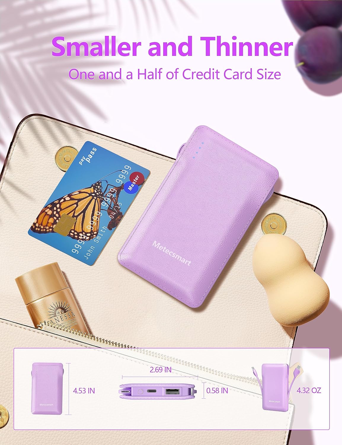 10000mAh Portable Phone Charger with Built-in 2 Cables, Small Slim Mini Power Bank Fast Charging, USB-C In/Output External Battery Pack, Travel Essentials Compatible with Android/IOS Phones