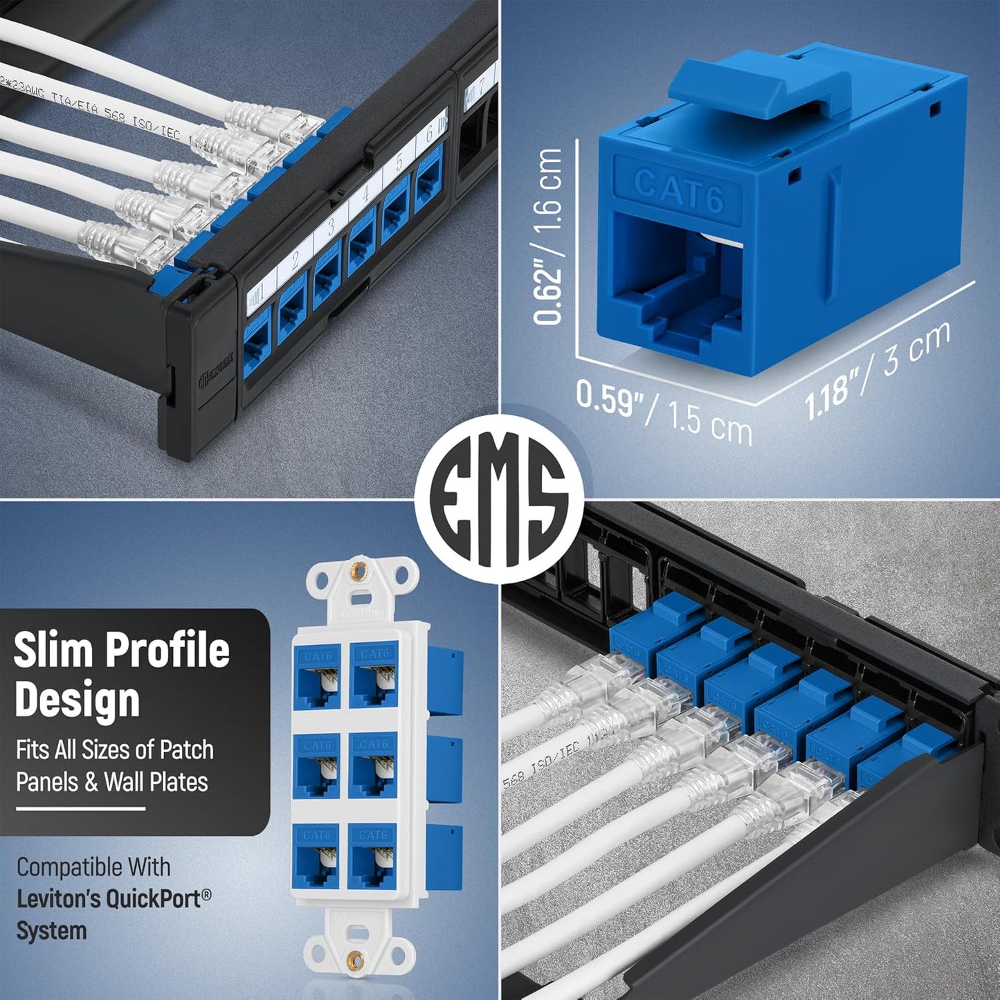 Everest Cat6 RJ45 Keystone Coupler (48-Pack) in Blue - RJ45 Coupler - Cat 6 Couplers - Female to Female Cat6 Keystone Jacks - Ethernet Couplers - Ethernet Cable Extender